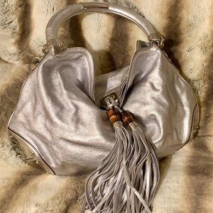 GUCCI Metallic Calfskin Large Indy Top Handle Hobo Silver